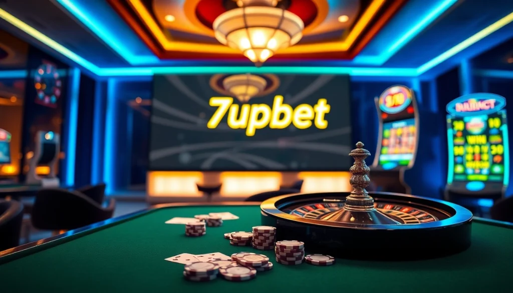 Engaging scene of 7upbet online betting interface with casino elements and poker chips.