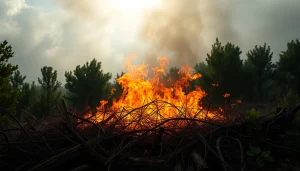 Witness the intensity of Wildfire events with flames engulfing a forest, showcasing nature's power.