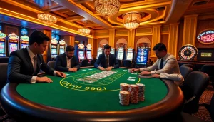 Professional gamblers at the GAVIP999 blackjack table showcasing high-stakes excitement and luxury.