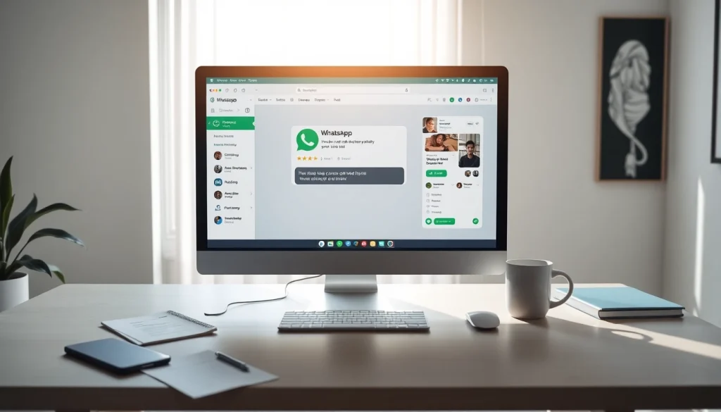 现代工作空间中显示的 WhatsApp Web 界面，展示用于安全通信的快连VPN功能。