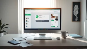 现代工作空间中显示的 WhatsApp Web 界面，展示用于安全通信的快连VPN功能。
