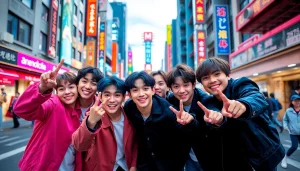 BTS members showcasing their vibrant personalities in a lively urban setting.