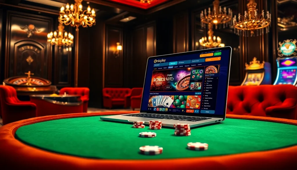 Onicplay online interface displayed in a luxurious casino setting with vibrant slot machines.