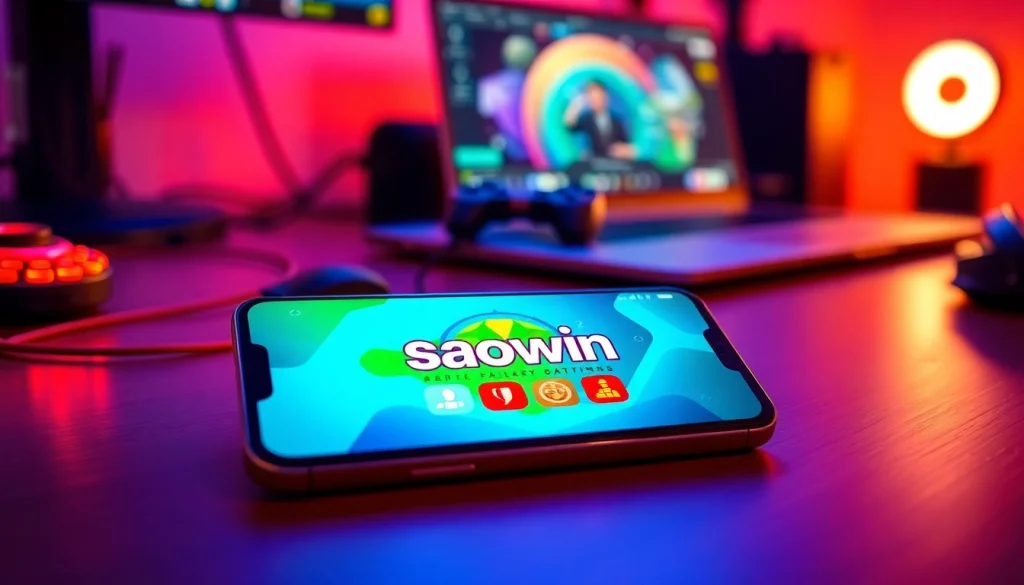 Giao diện Saowin APK trên smartphone ở một bối cảnh chơi game sôi động