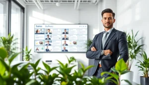 Engaging sales professionals explore sales job boards in a modern office setting.