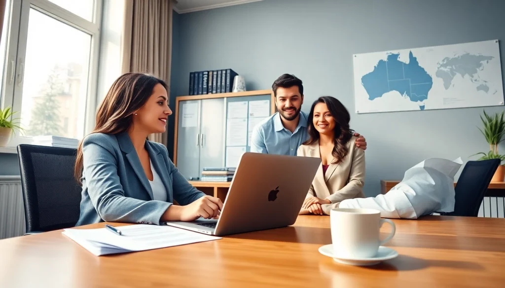 Immigration lawyer Brisbane consulting a couple in a professional office setting