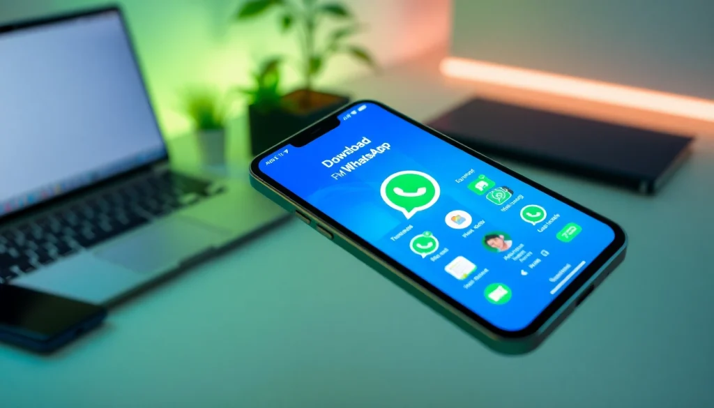 FM WhatsApp download on a smartphone, showcasing a vibrant and modern interface in a sleek workspace.