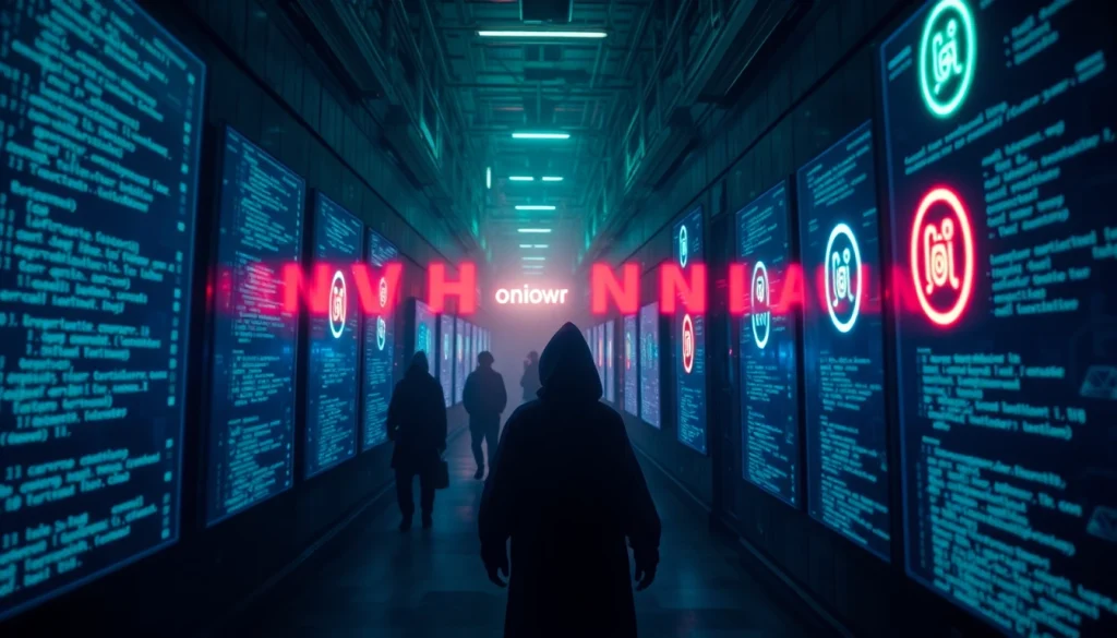 Explore the hidden wiki's digital labyrinth, showcasing neon-lit .onion symbols and virtual screens in a dark web setting.