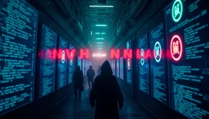 Explore the hidden wiki's digital labyrinth, showcasing neon-lit .onion symbols and virtual screens in a dark web setting.