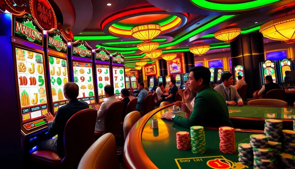 Experience the excitement of slot demo mahjong in a luxurious casino environment with vibrant colors and eager players.