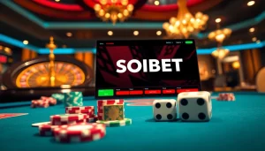 Winning at SOIBET with an upscale casino setup, poker chips, and vibrant online gameplay.