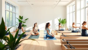 台東区のスタジオで行われているピラティスクラスに参加する人々、アクティブなウェルネスとコミュニティを強調。