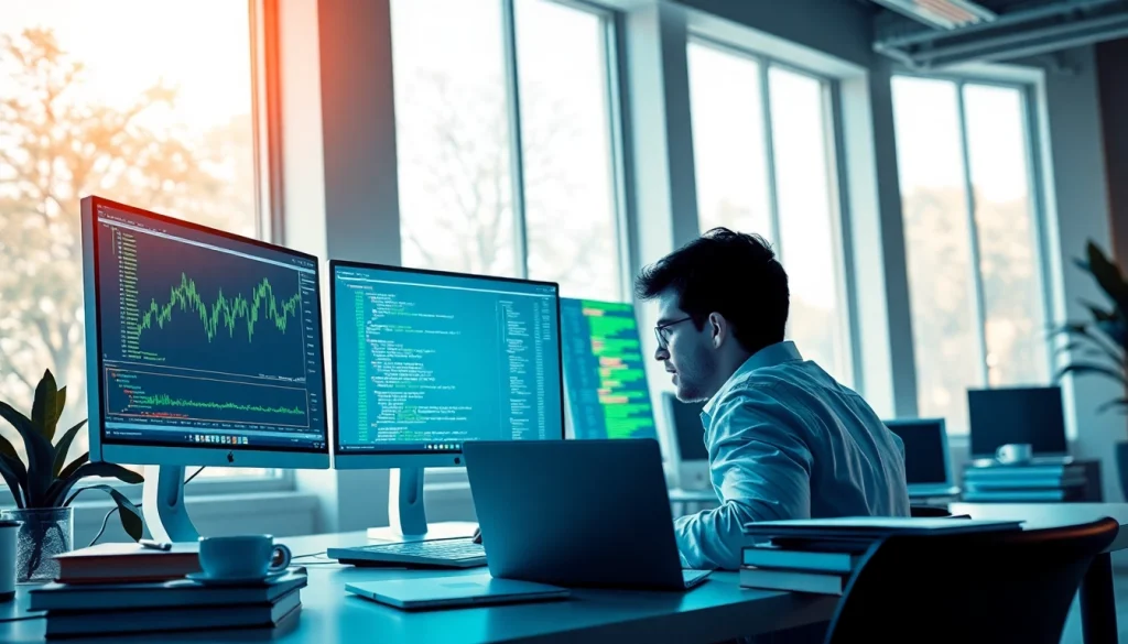 Developer executing web scrapping tasks on dual monitors displaying price graphs.
