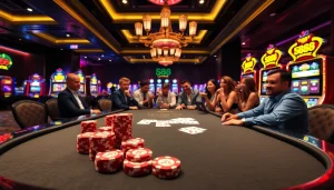 Excited players engaging at S88 casino table with vibrant poker chips and cards.