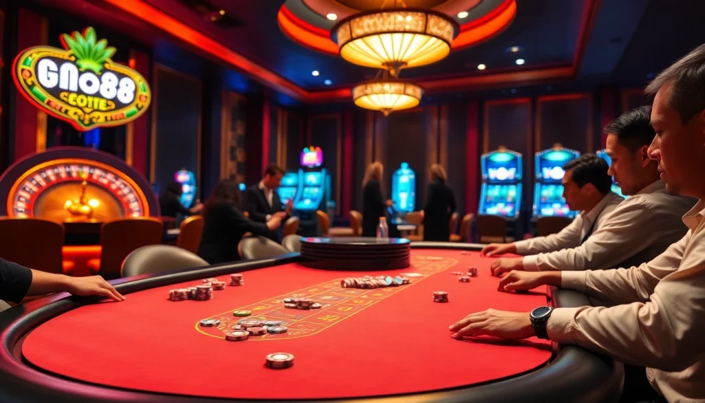 Engaged players at GO88 poker table, showcasing excitement and strategy in a luxury casino setting.