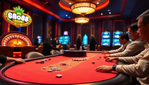 Engaged players at GO88 poker table, showcasing excitement and strategy in a luxury casino setting.
