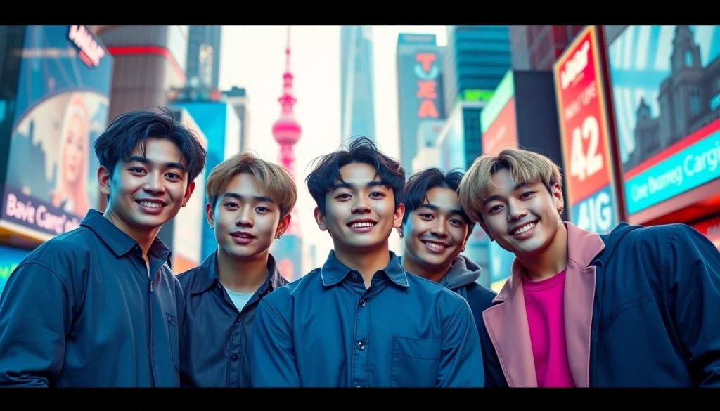 Capture the charisma of bts members in a vibrant urban setting, showcasing their dynamic personalities.