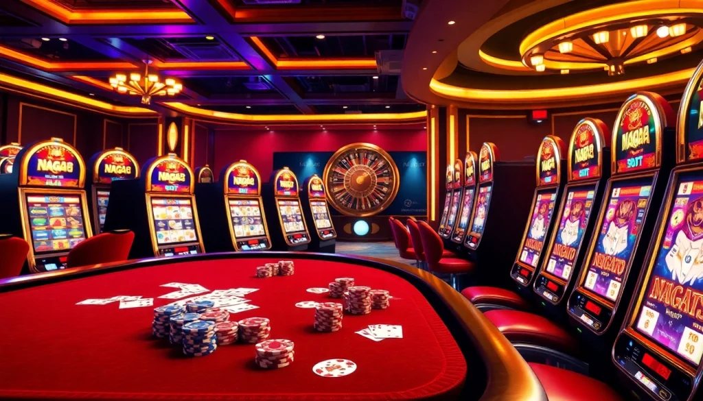 Naga169 RTP slot offers an exhilarating casino experience with vibrant slot machines and poker chips.