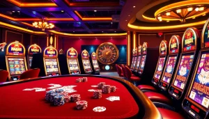 Naga169 RTP slot offers an exhilarating casino experience with vibrant slot machines and poker chips.